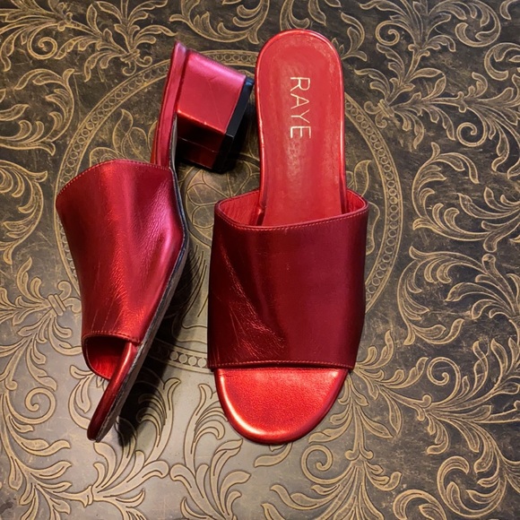 Metallic Red Open Toed Mules, Raye Size 7 - Picture 2 of 7